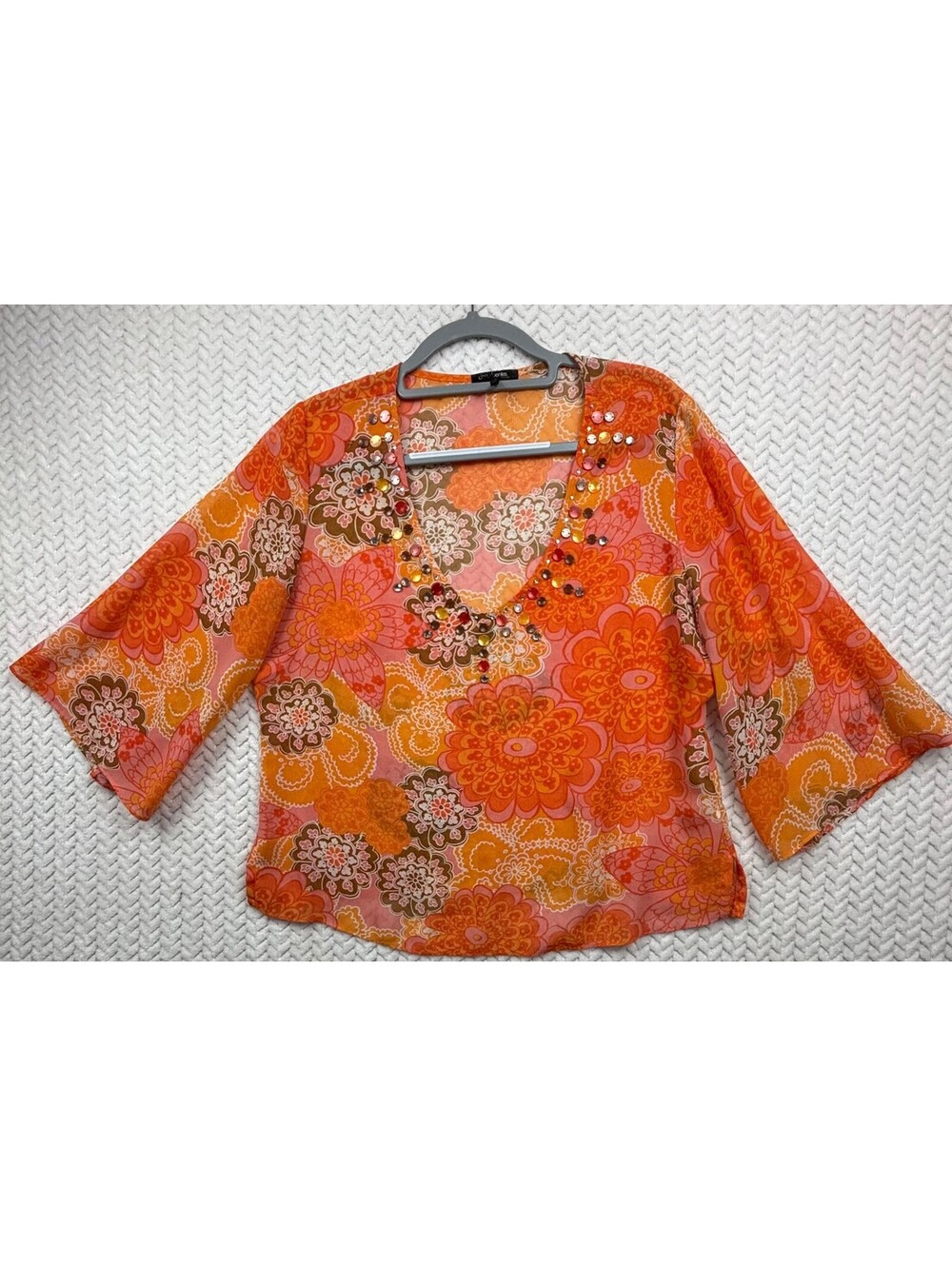 Daisy Fuentes Moda XL Papaya Combo Floral Blouse with Sequin V-Neck